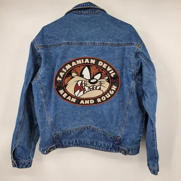 Vintage Looney Tunes Tasmanian Devil Mean and Rough Patch Jean Jacket Large - Picture 2 of 16